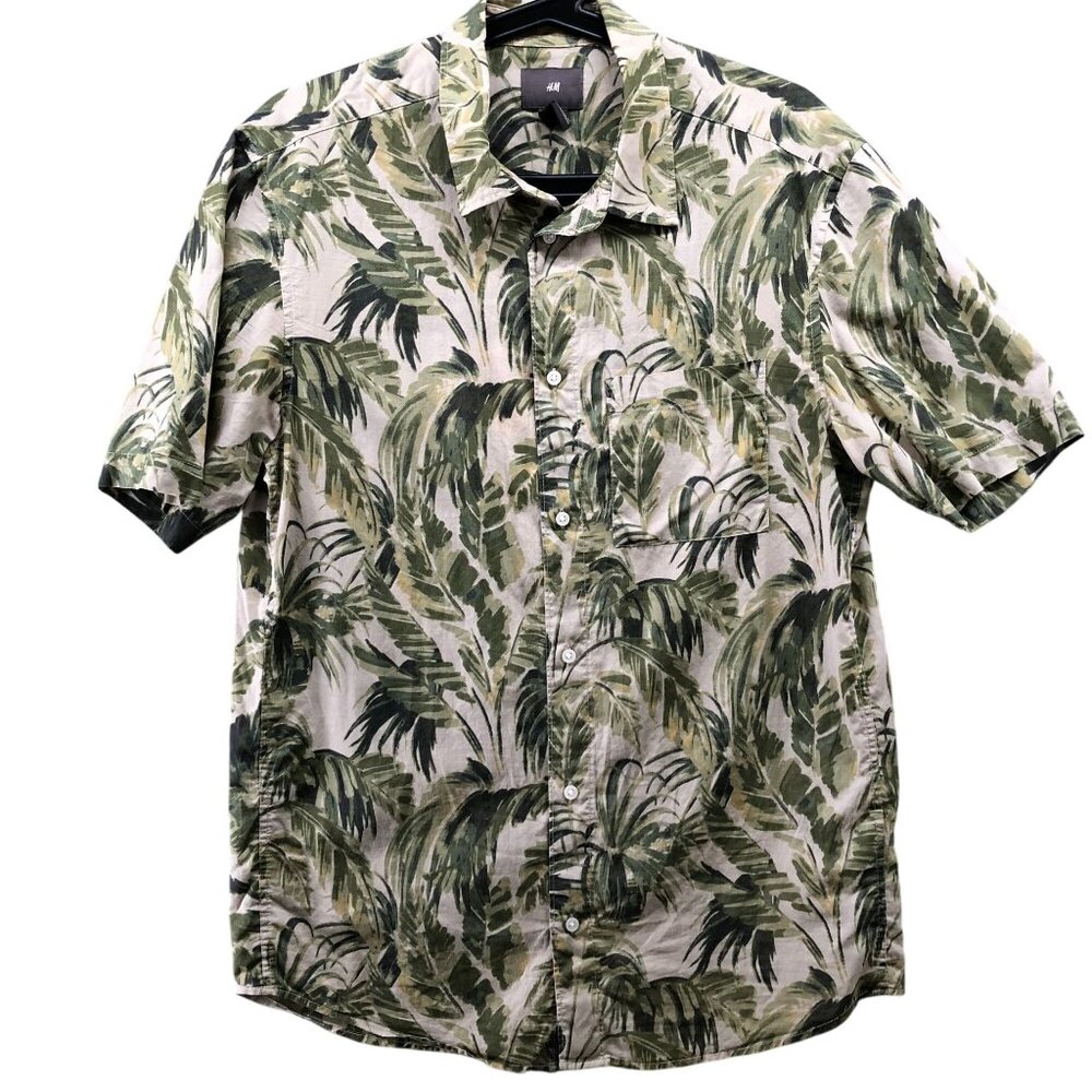 H&M Hawaiian Shirt Mens S Cotton Lightweight Palm Print Short Sleeve Beige Green